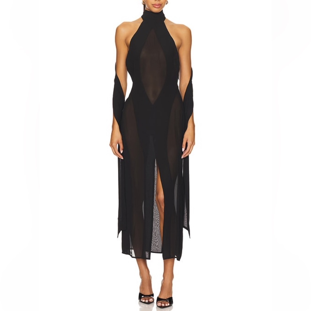 Guizio Halter Sheer Panel Black Midi Koemi Dress
